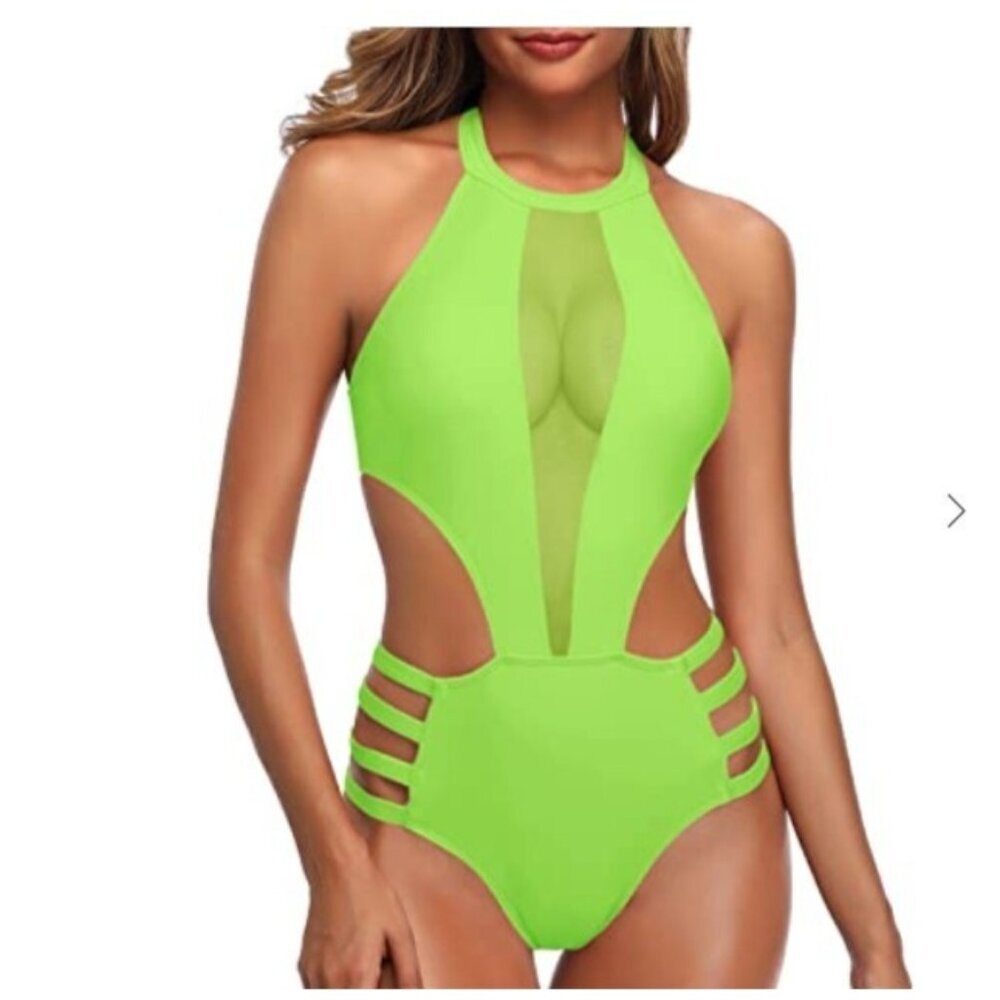 Women's M‎ Cut Out One-Piece Halter Swimsuit Neon Green NWT